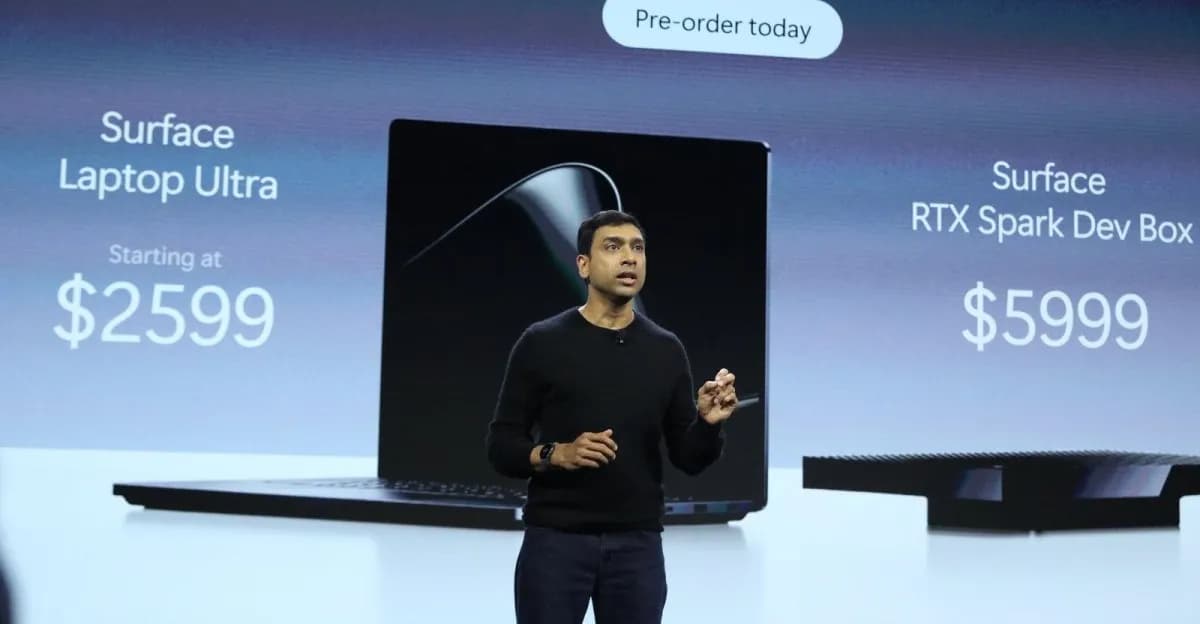 A photo of Windows and Surface chief Pavan Davuluri announcing the Surface Laptop Ultra and RTX Spark Dev Box prices.