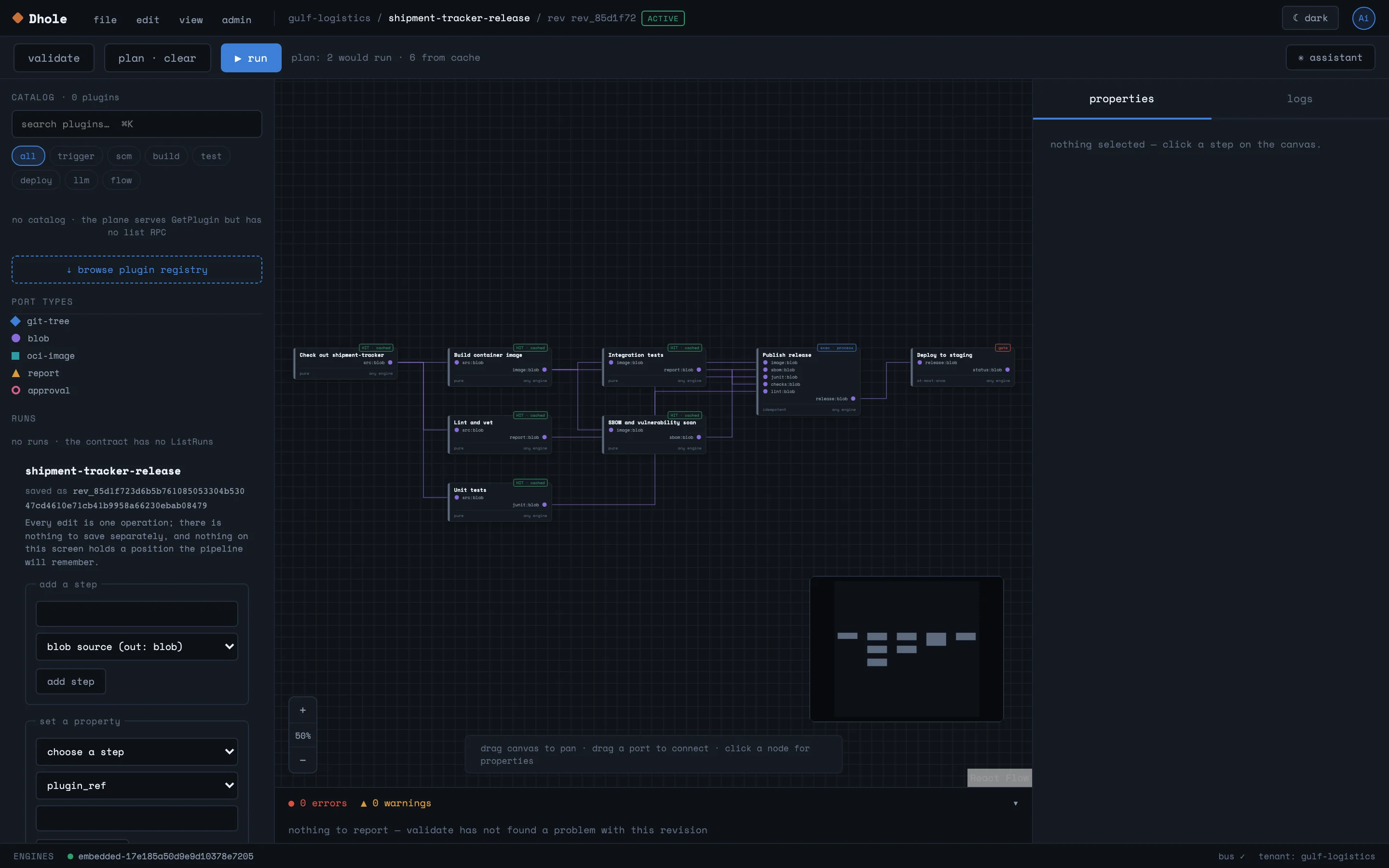 Editor after a dry-run plan: six steps marked as cache hits, publish and deploy marked to run