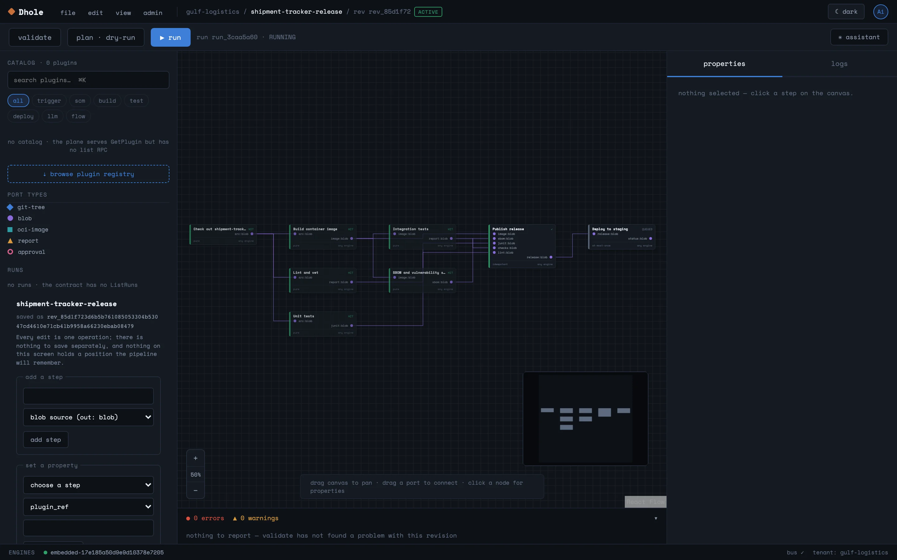 A run in progress on the canvas: six steps served from the cache, publish running, deploy queued