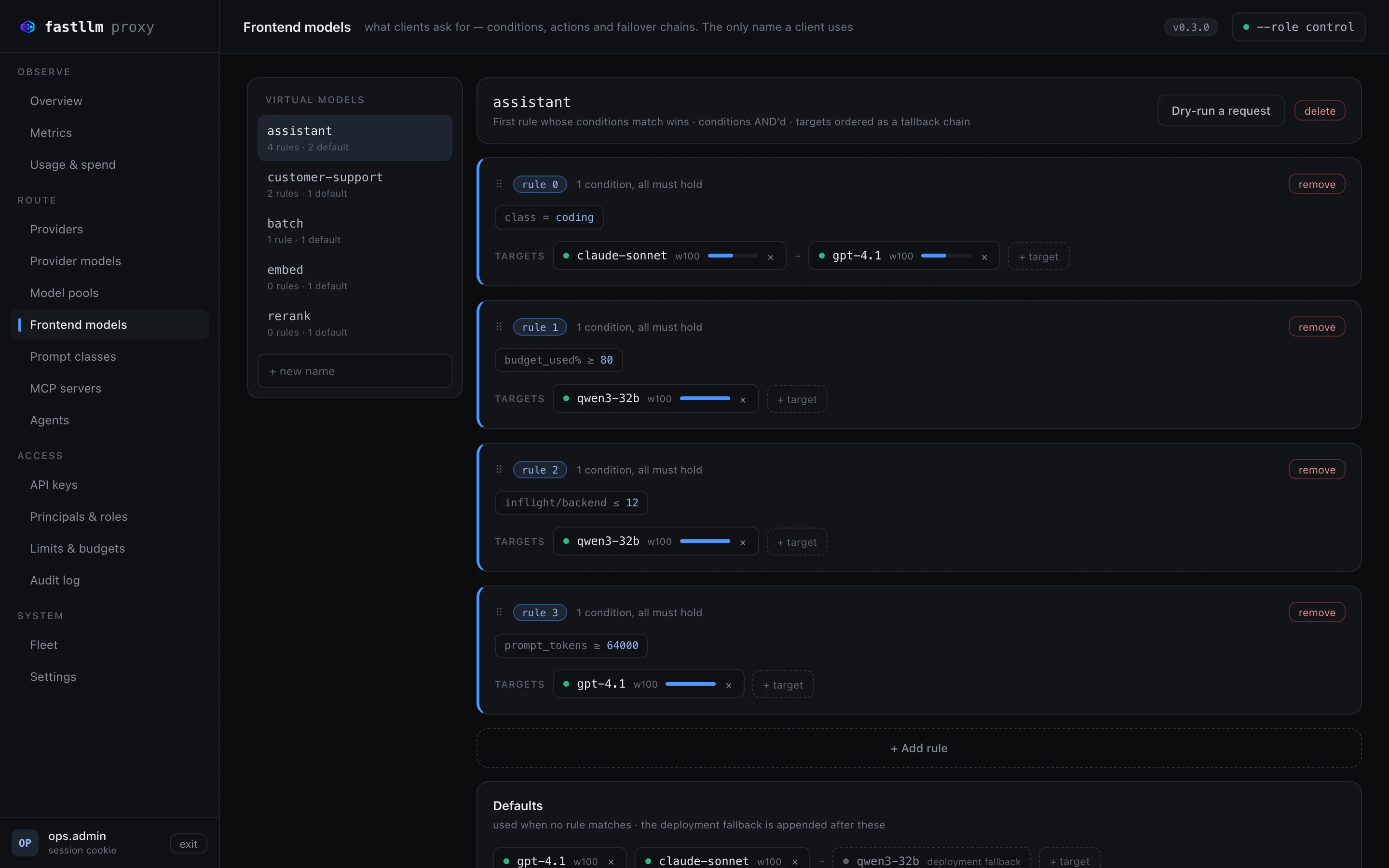 Frontend model "assistant" with four ordered routing rules and default targets with the deployment fallback