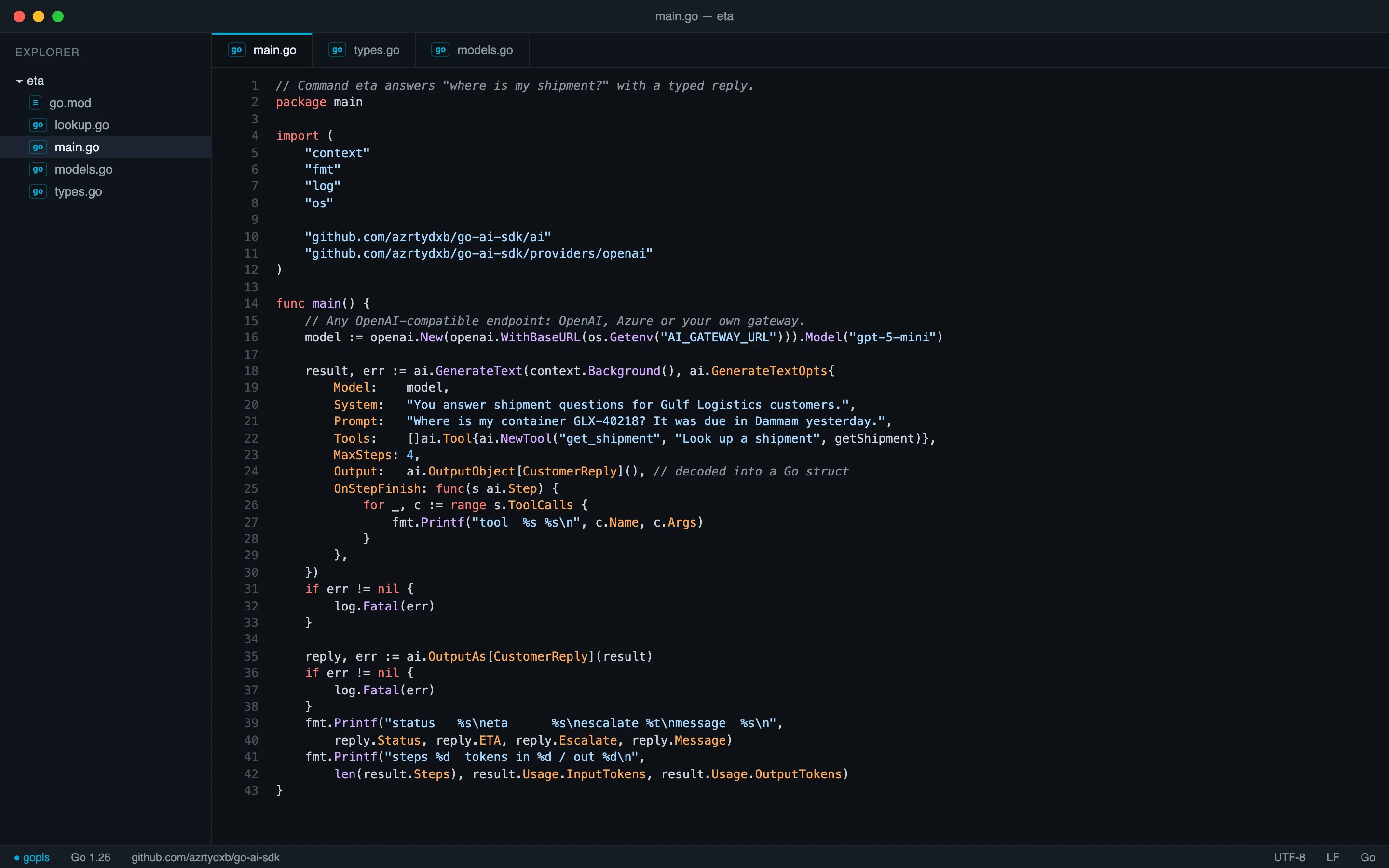 Editor showing a Go program: a GenerateText call with a typed tool, a multi-step loop and output decoded into a Go struct