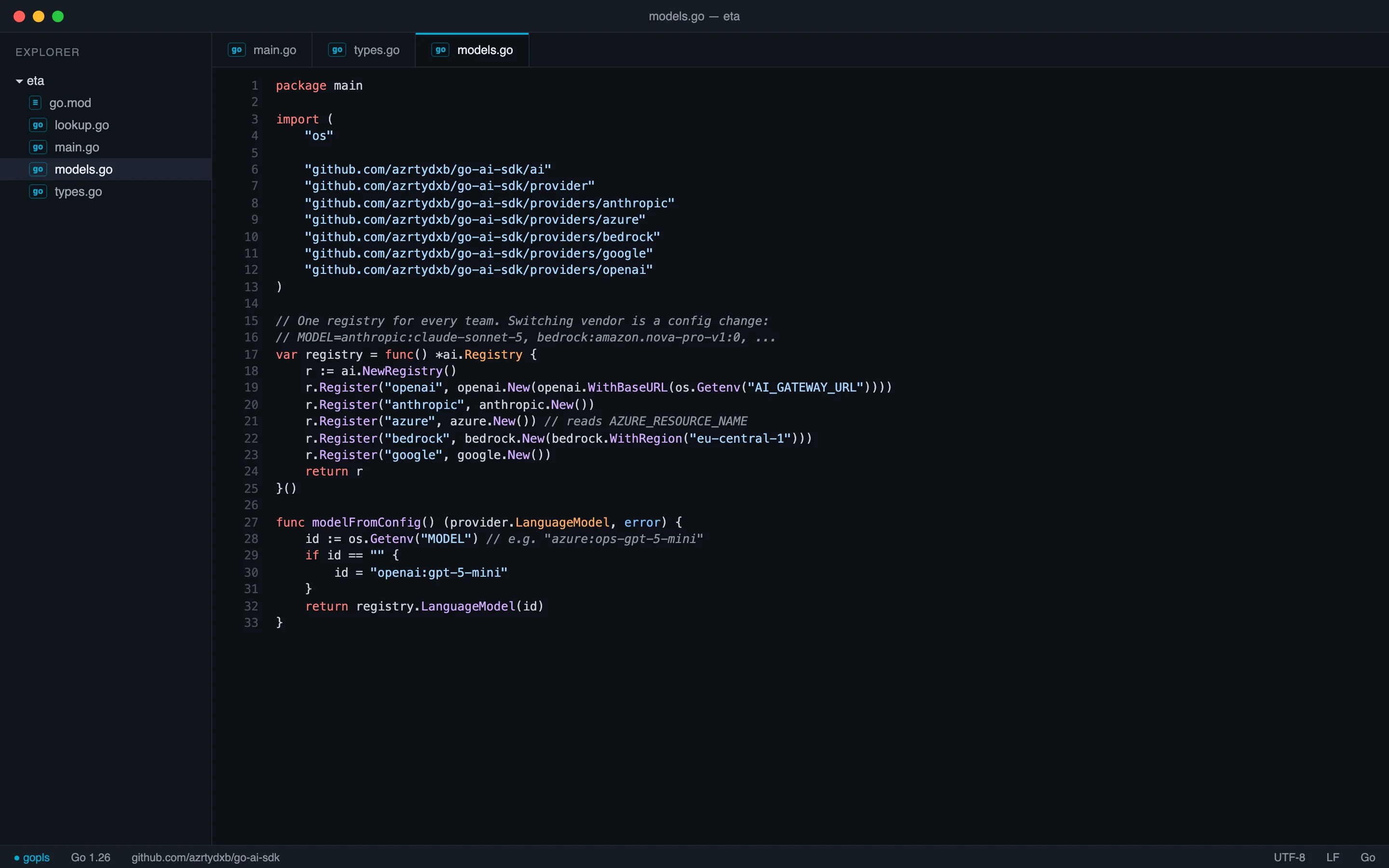 Editor showing a provider registry with OpenAI, Anthropic, Azure, Bedrock and Google, and a model chosen from a setting
