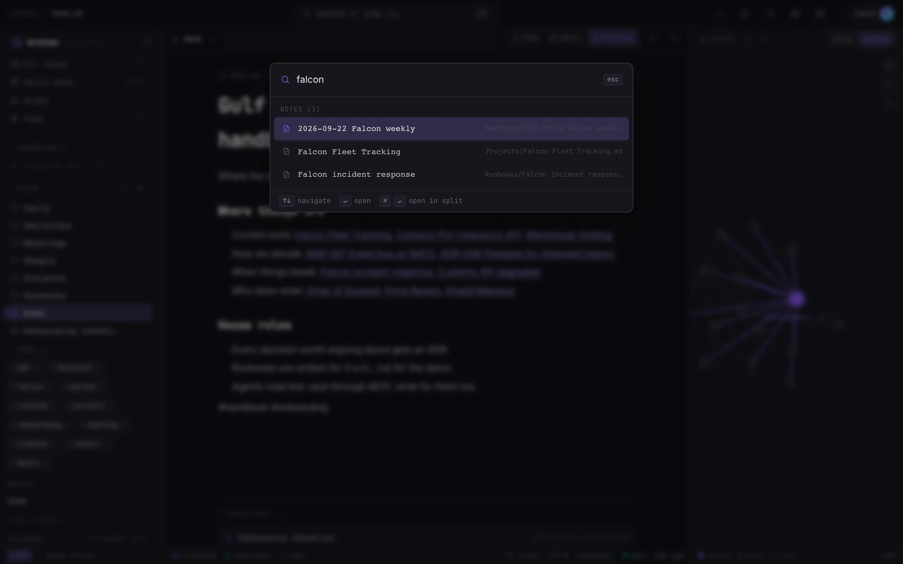 Command palette search showing matching notes