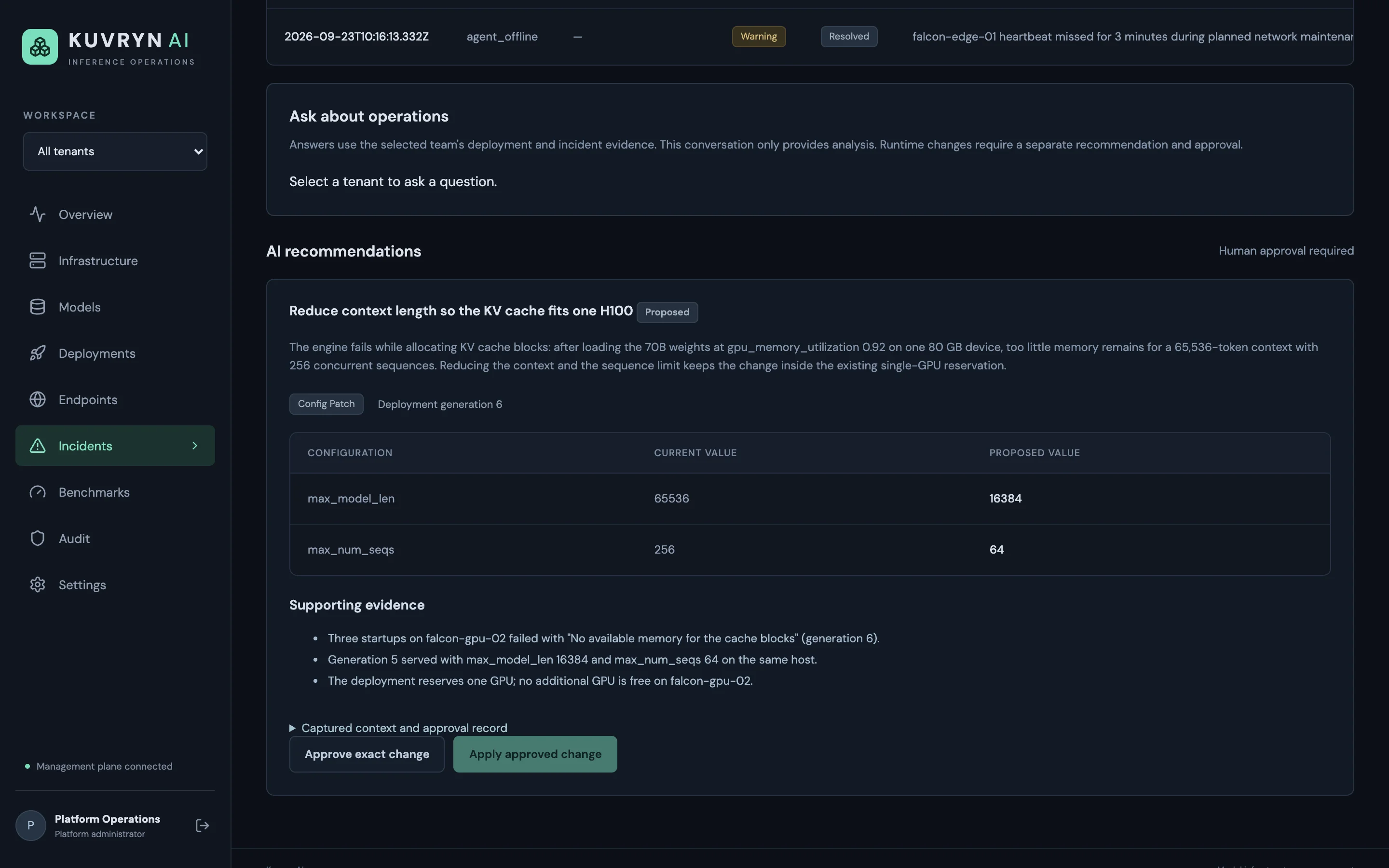 AI recommendation for a failed deployment: reasoning, proposed setting changes with current values, evidence, and Approve and Apply buttons