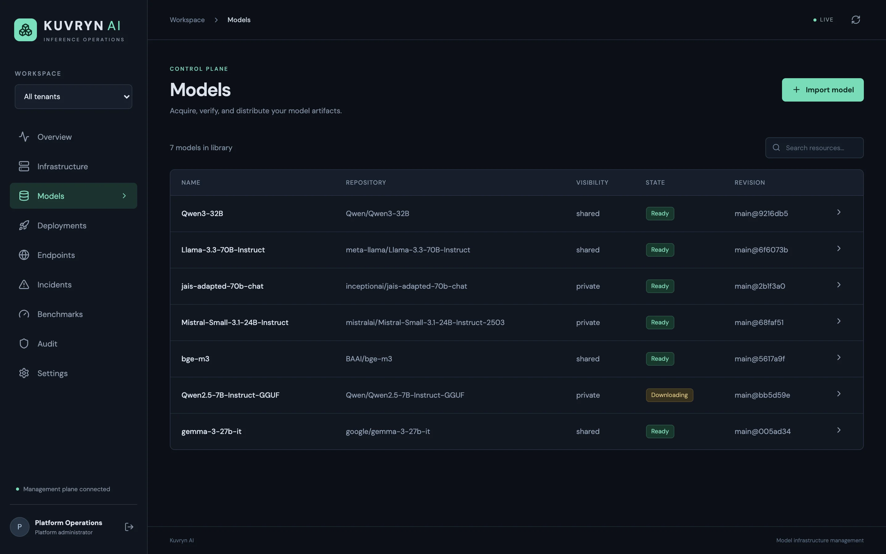 Model library with Qwen3-32B, Llama-3.3-70B-Instruct, jais-adapted-70b-chat, Mistral-Small-3.1-24B, bge-m3 and more, with pinned revisions