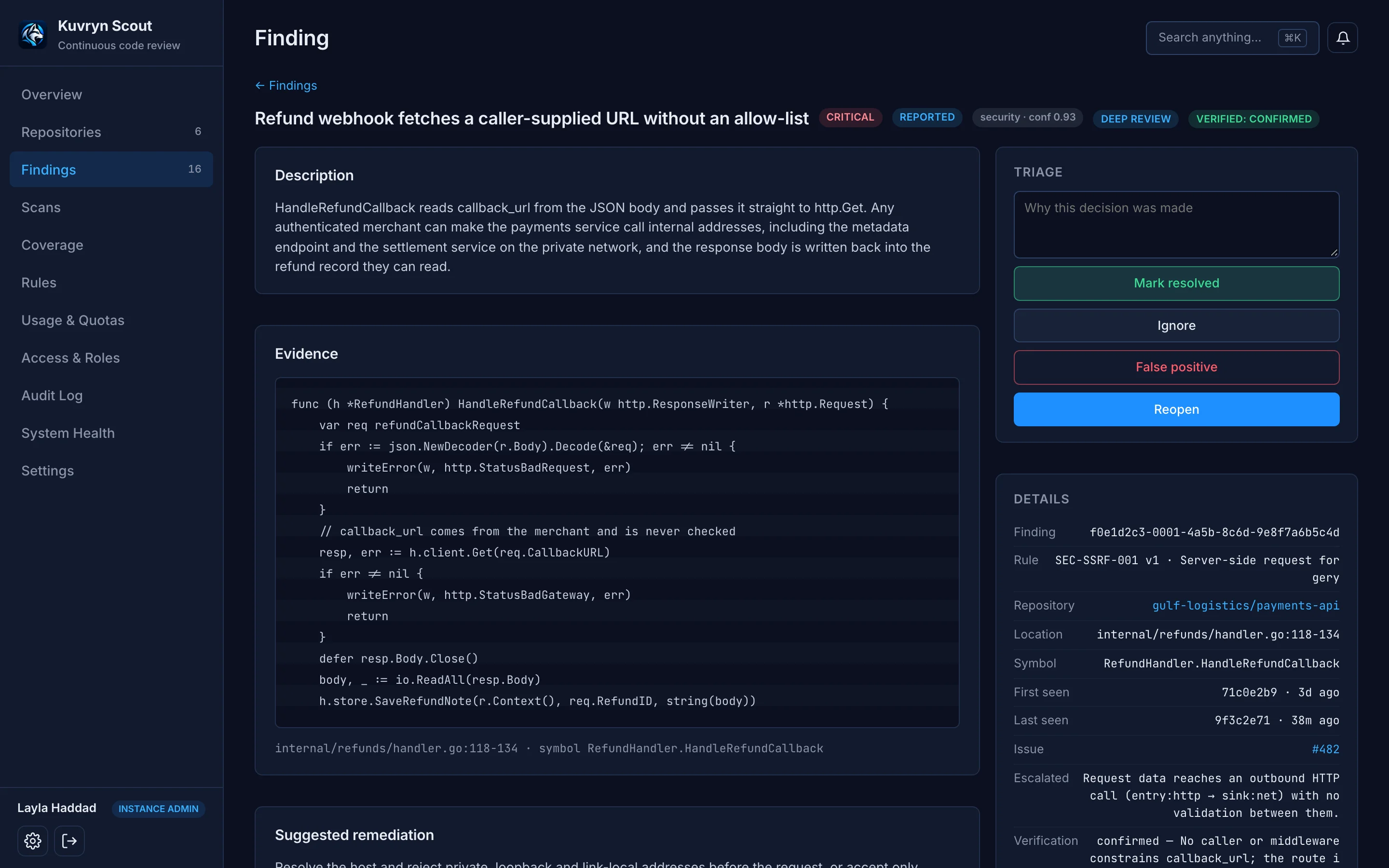 A critical SSRF finding with its description, code evidence, triage buttons, verification verdict and linked GitHub issue