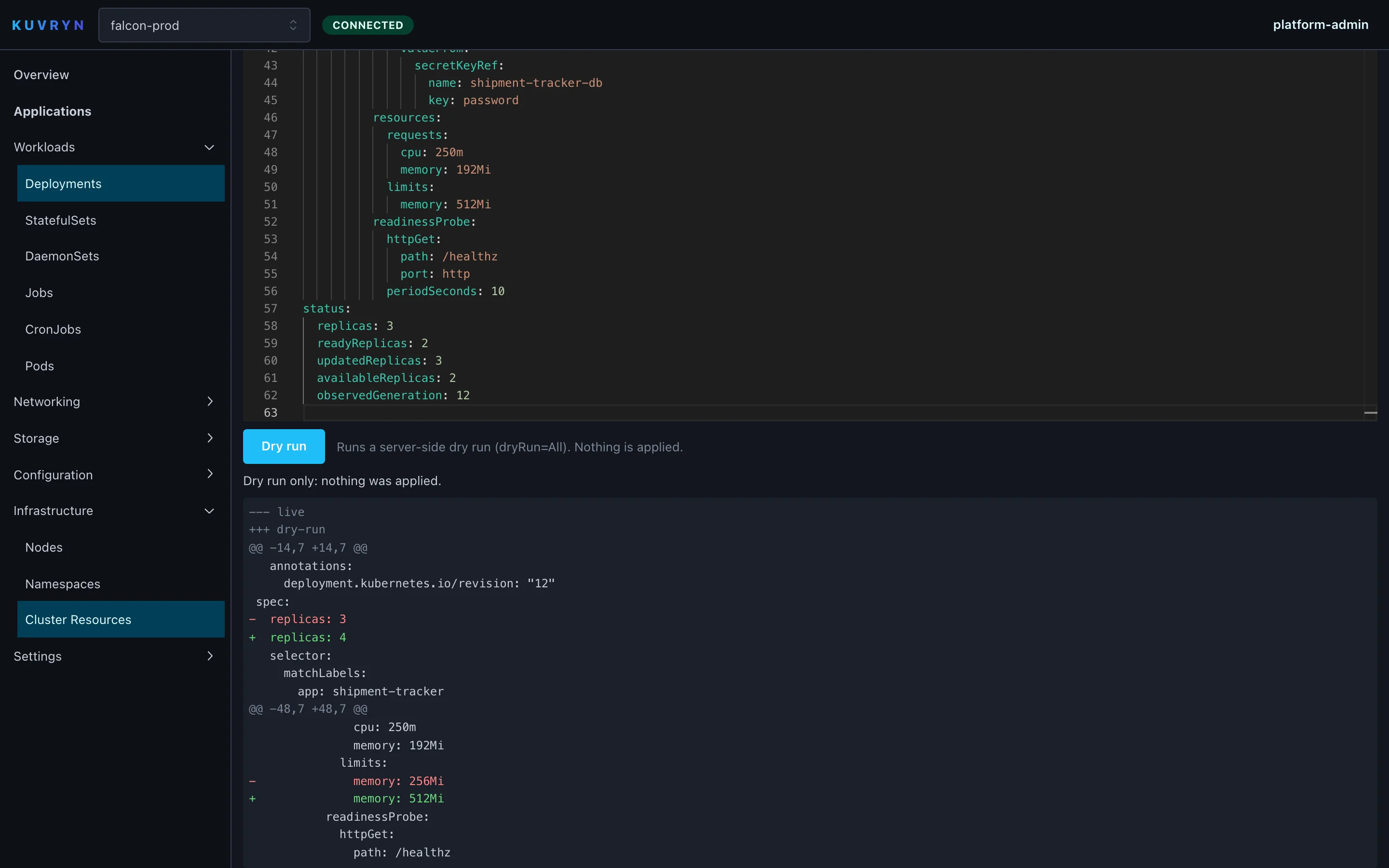 YAML editor after a server-side dry run, with a diff of the proposed change
