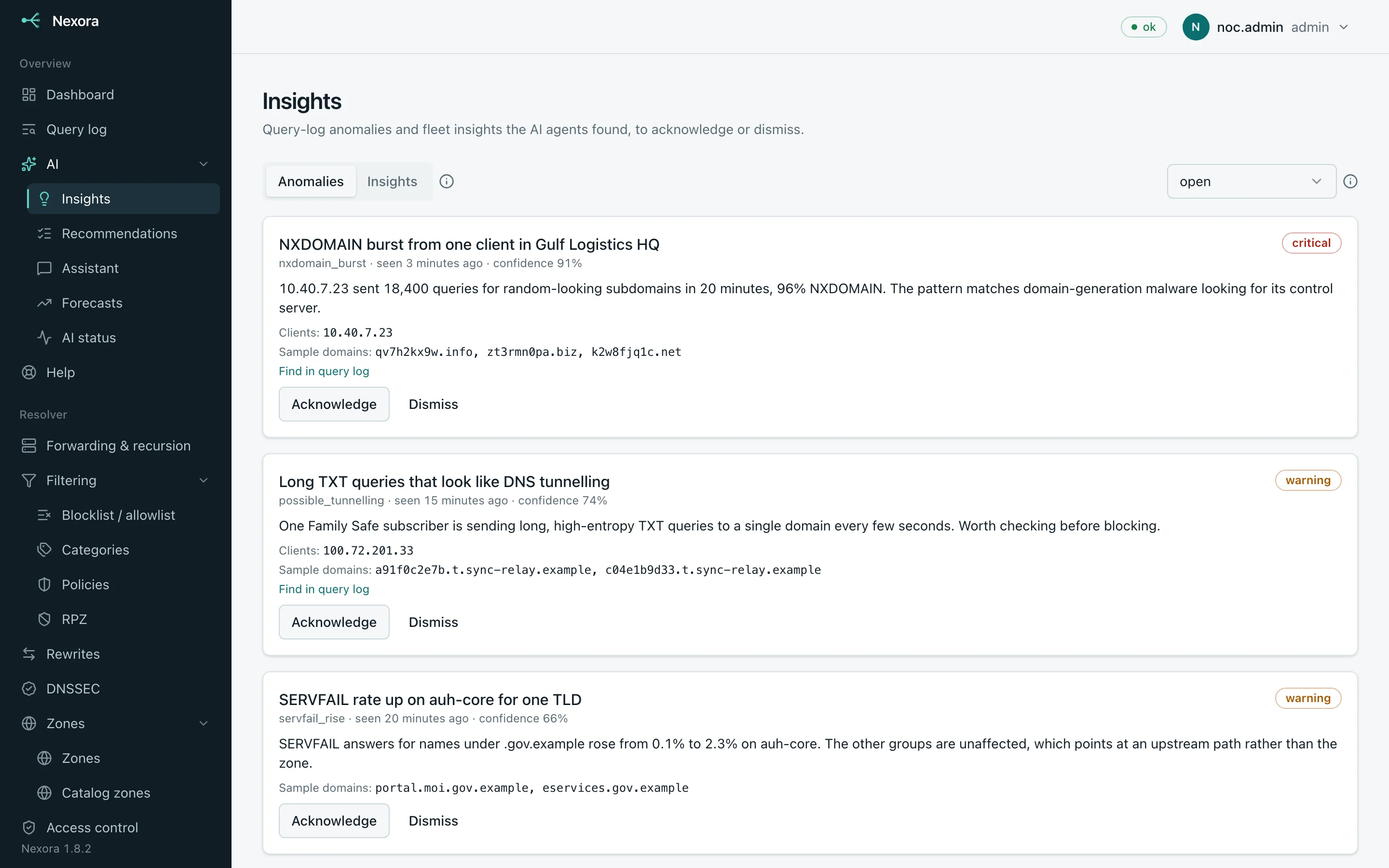AI anomalies: an NXDOMAIN burst, possible DNS tunnelling and a SERVFAIL rise, each with clients and sample domains