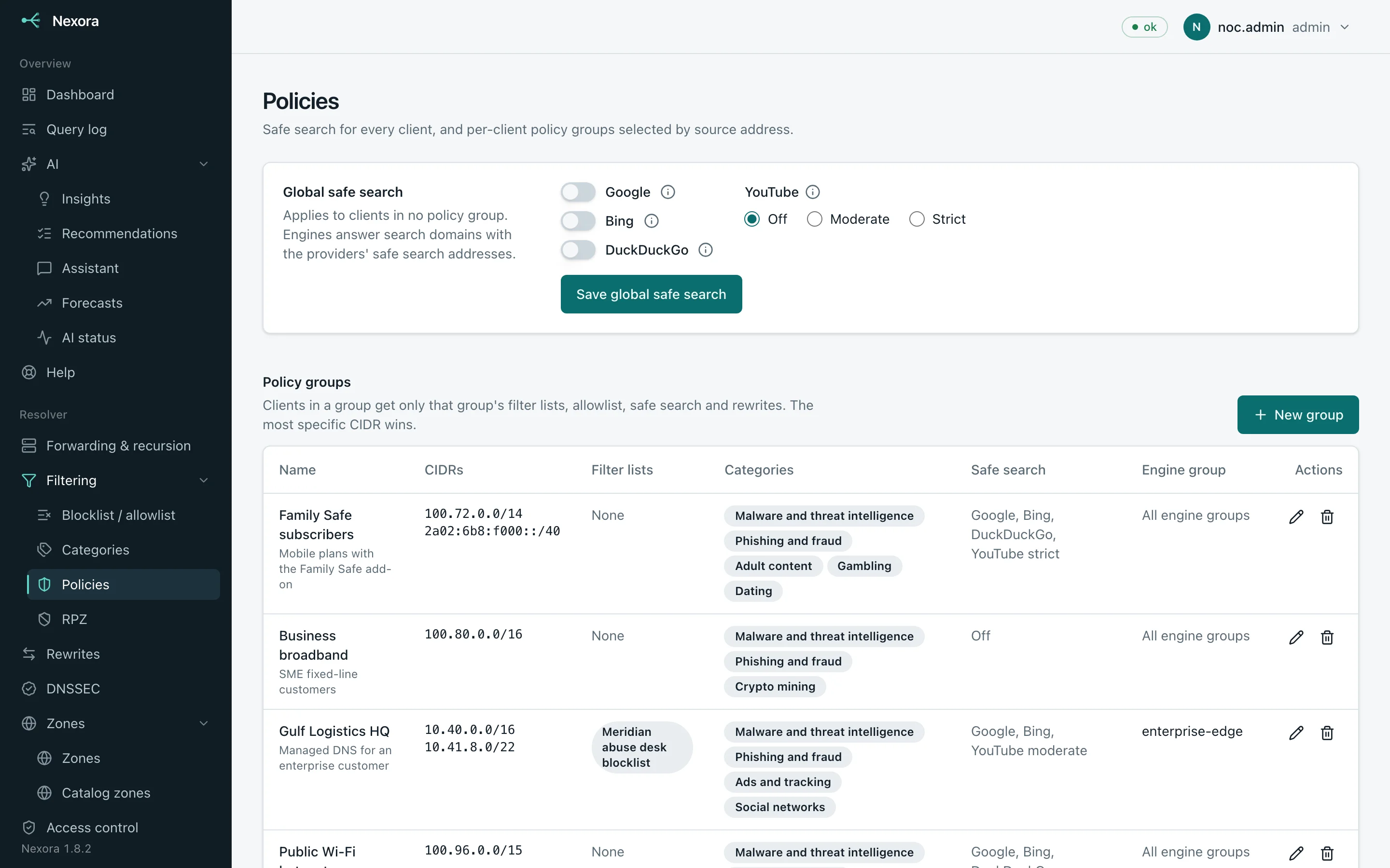 Policy groups by client network with filter categories and safe search per group
