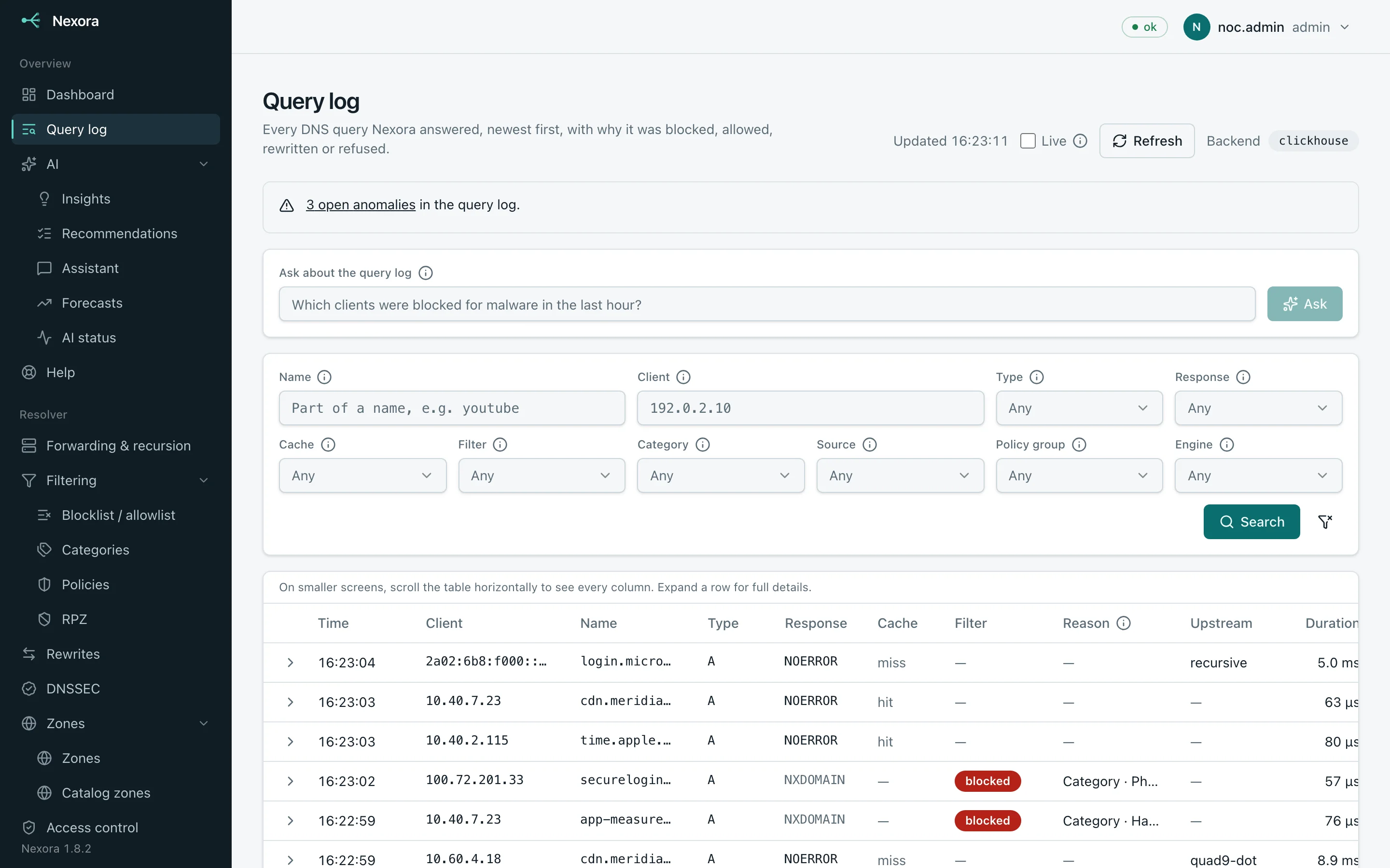 Query log with an anomaly banner, a plain-language question box, filters and per-query results