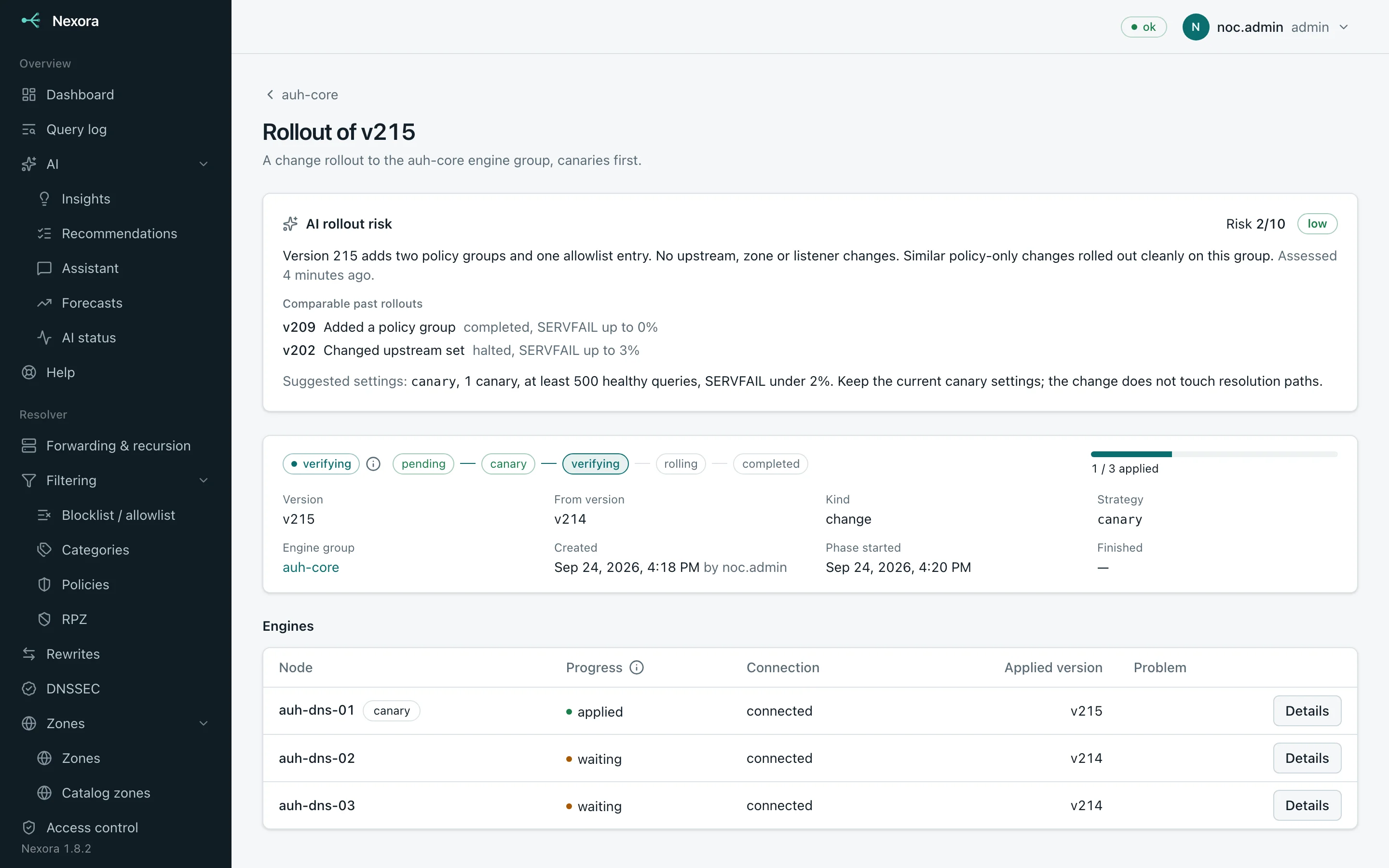 Canary rollout of a configuration change with an AI risk assessment and per-engine progress