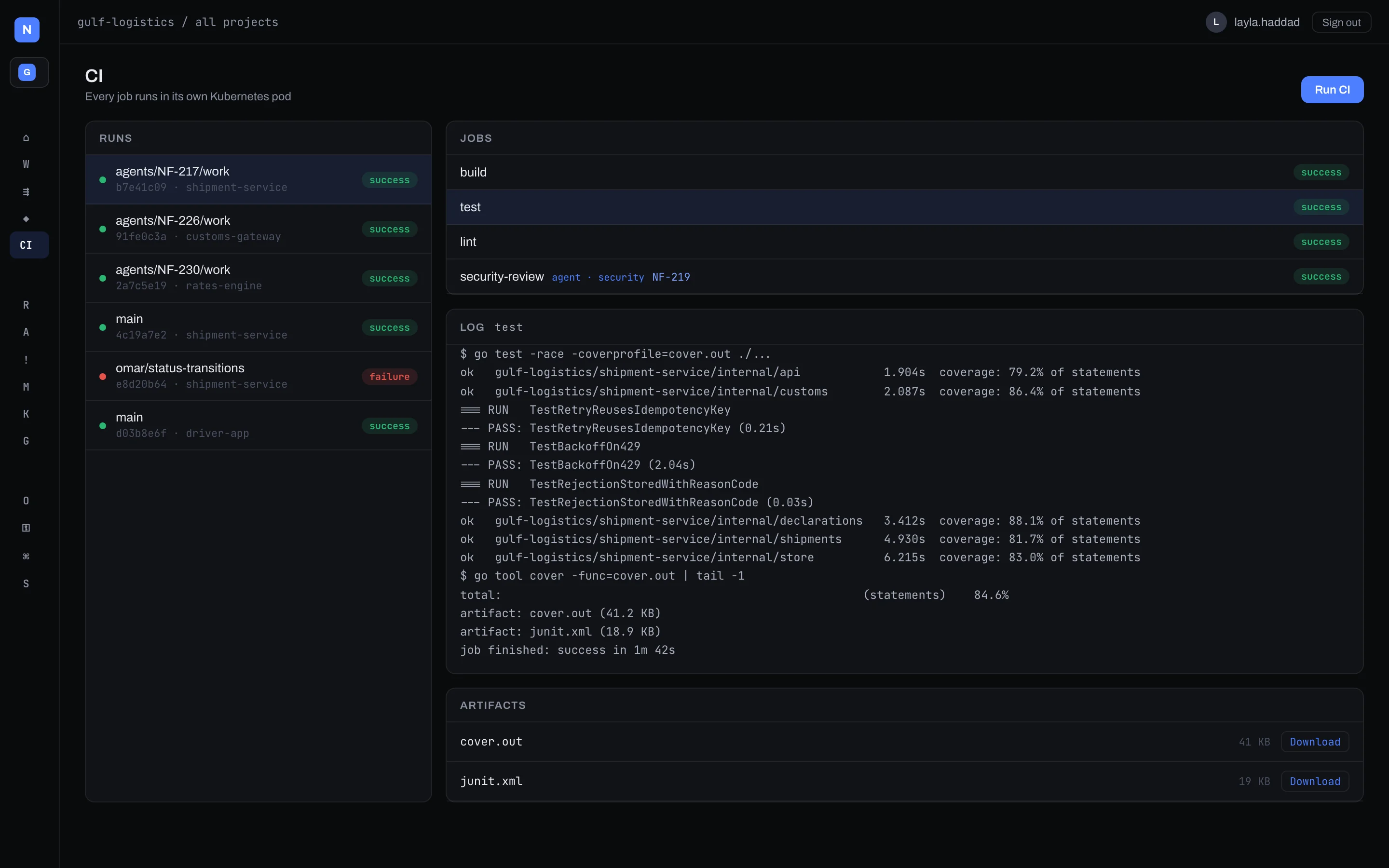 CI runs with jobs including an agent security-review job, the test log with coverage, and downloadable artifacts
