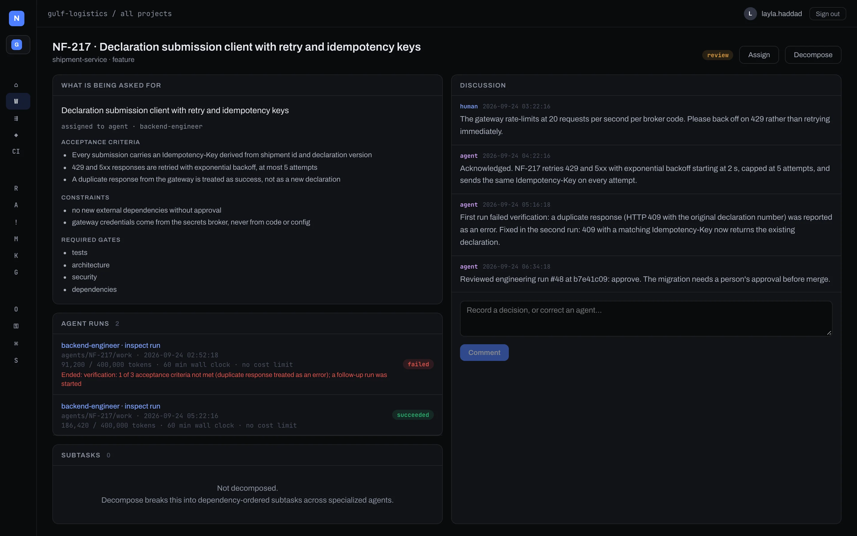 Work item with acceptance criteria, constraints, required gates, two agent runs and a discussion between people and agents