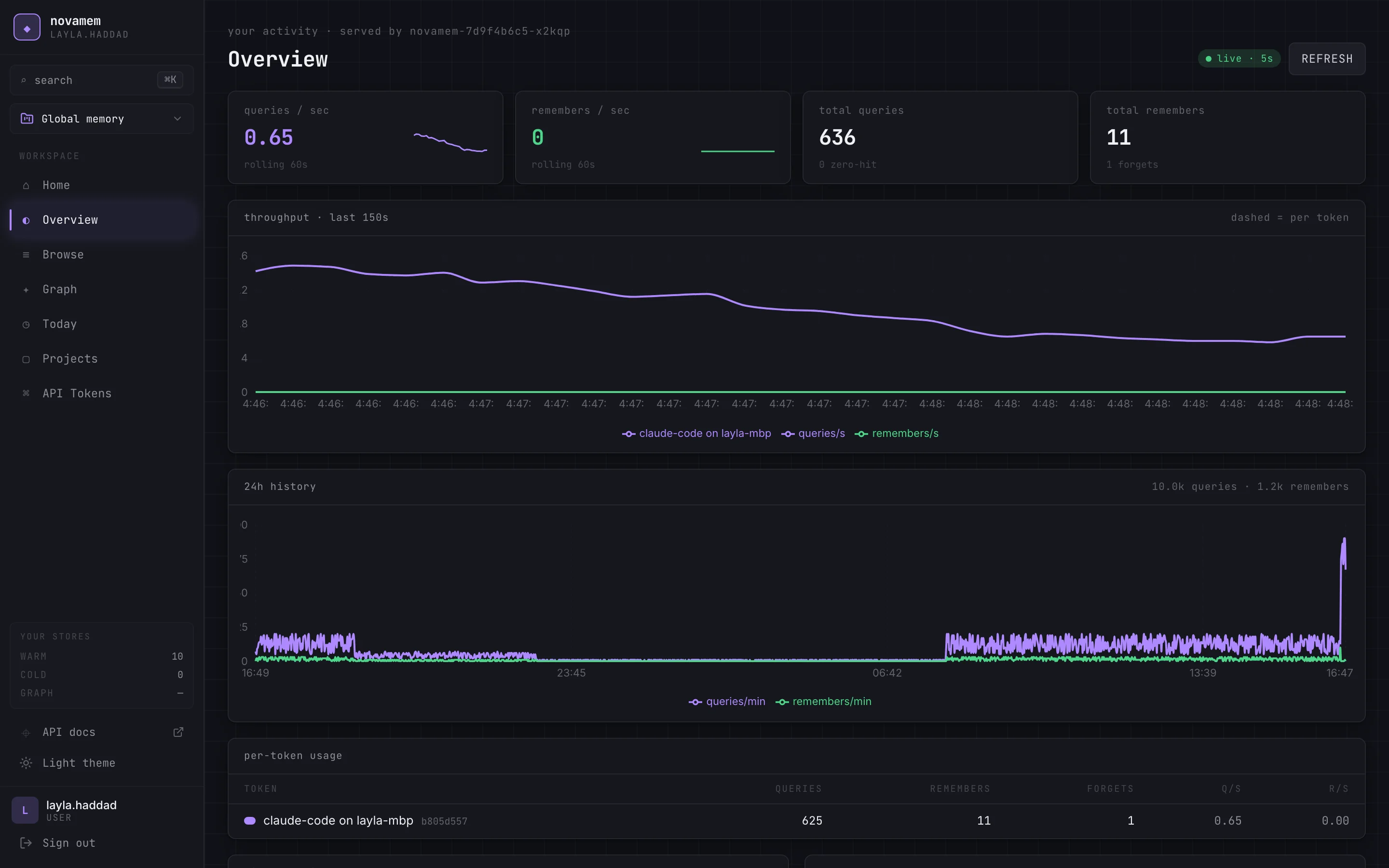 Novamem overview: live queries per second, 24-hour history and usage per token