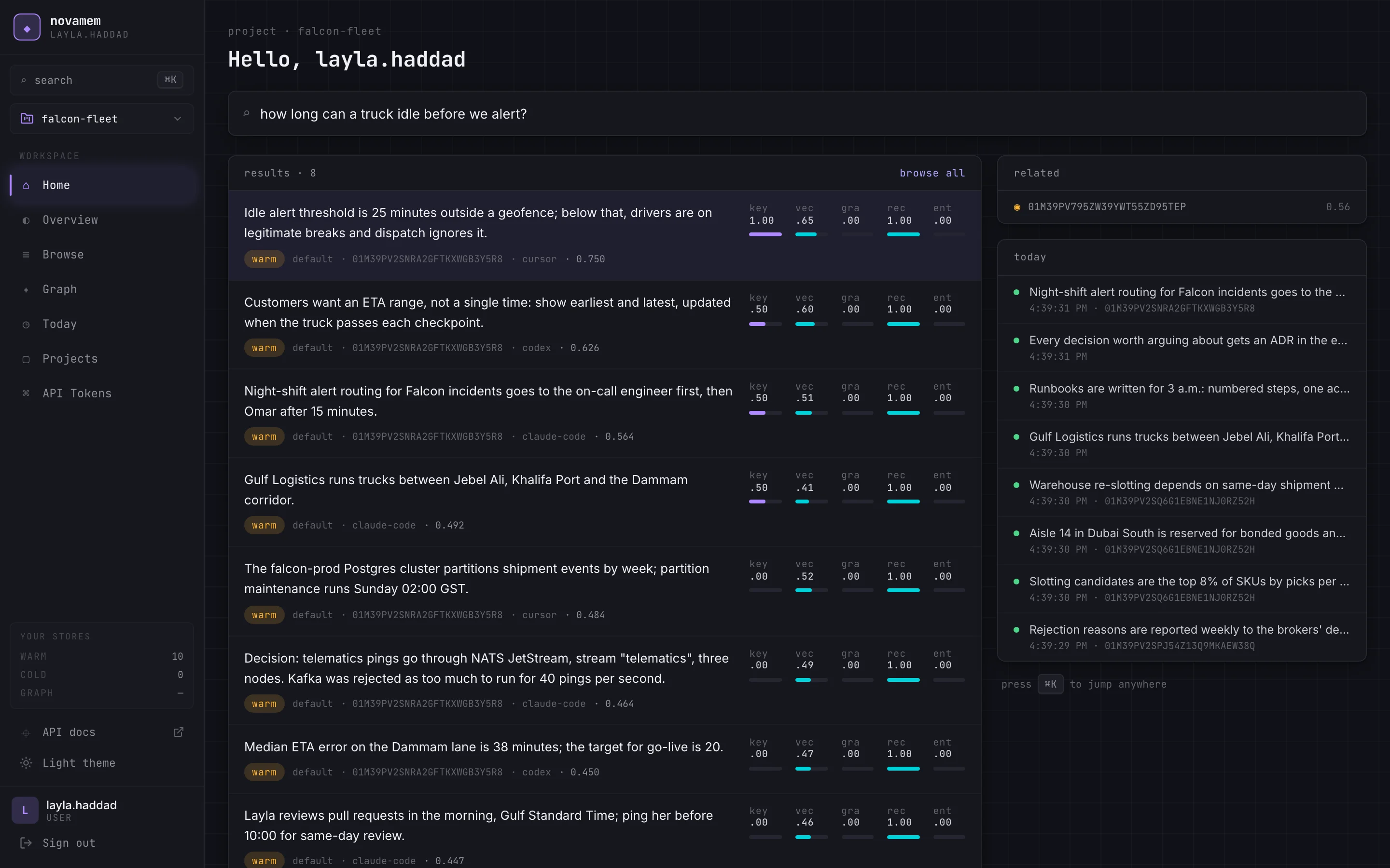 A memory search in a shared project, each result with the signals that found it