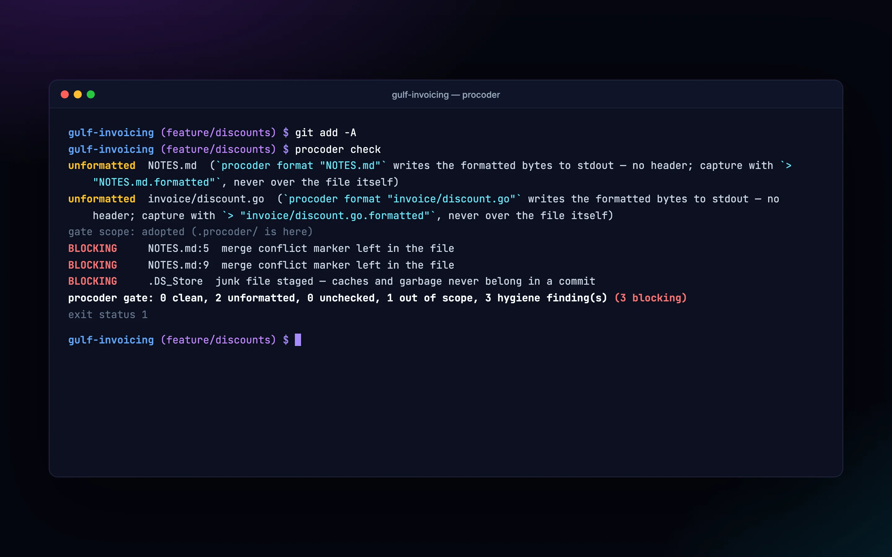 procoder check flags unformatted files, merge-conflict markers and a staged junk file: 3 blocking, the commit is stopped