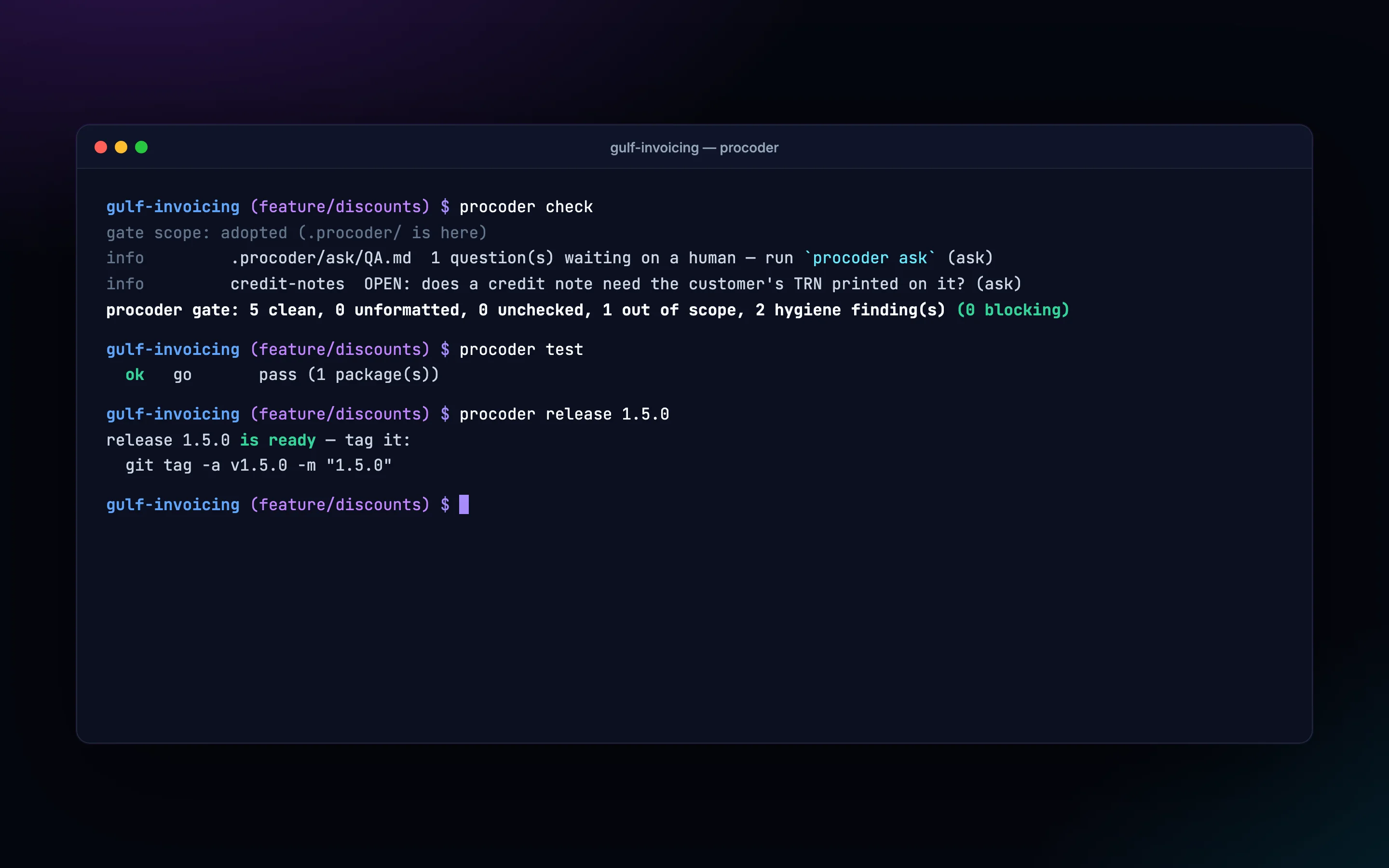After the fixes the gate shows 0 blocking, tests pass, and the release prints the git tag command