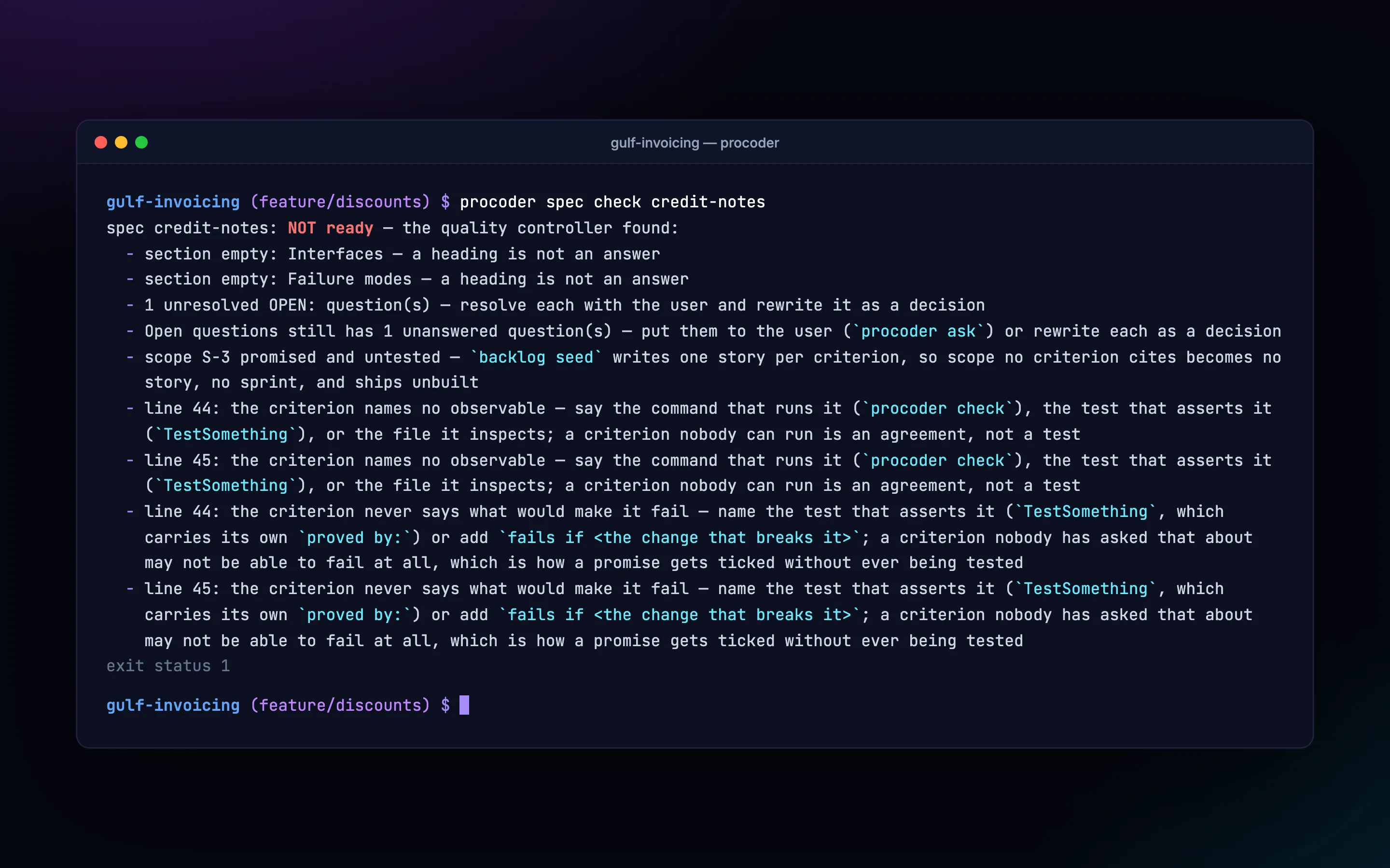procoder spec check lists empty sections, an open question, untested scope and criteria that can't be tested
