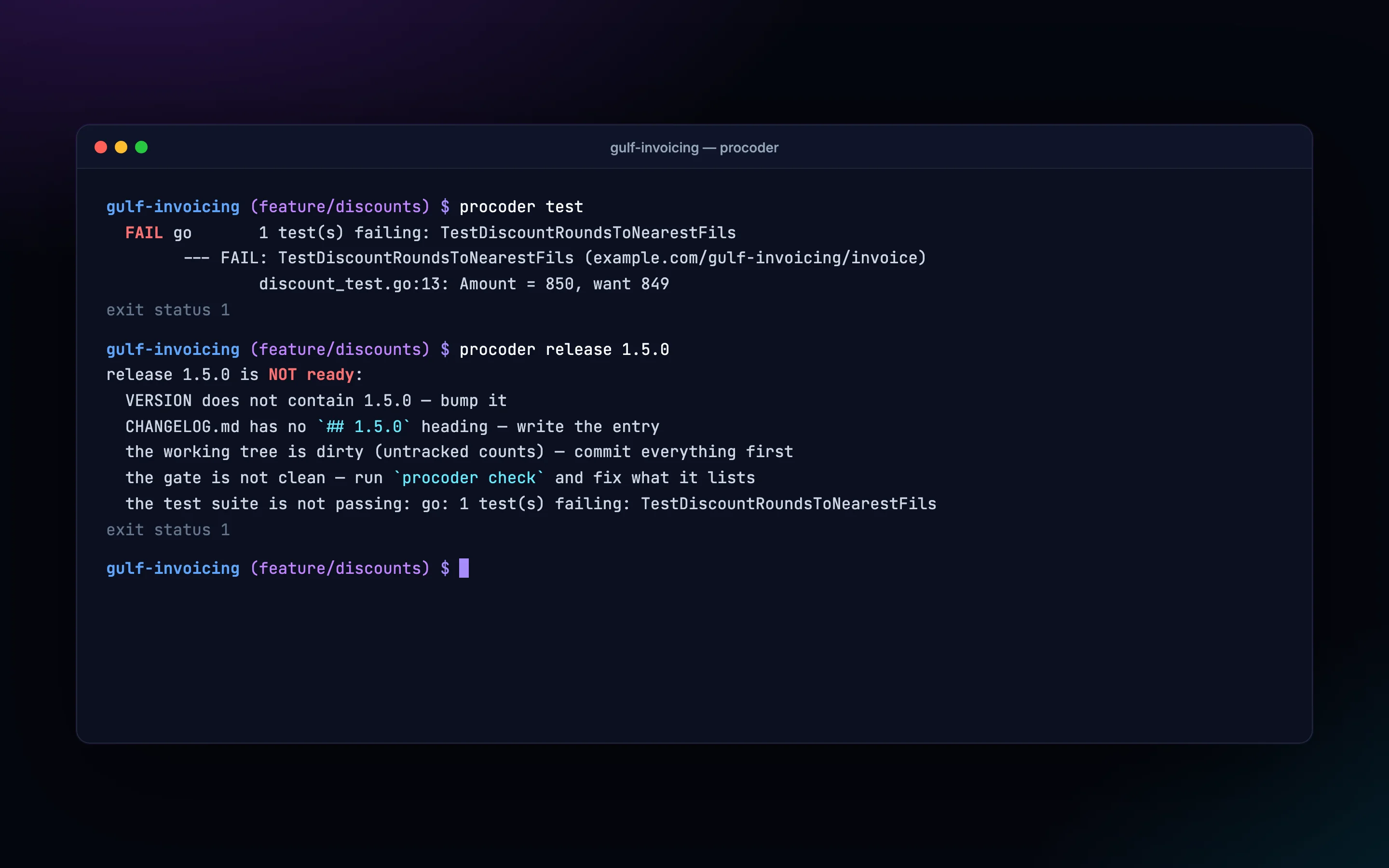 procoder test names the failing test; procoder release lists five reasons the release isn't ready