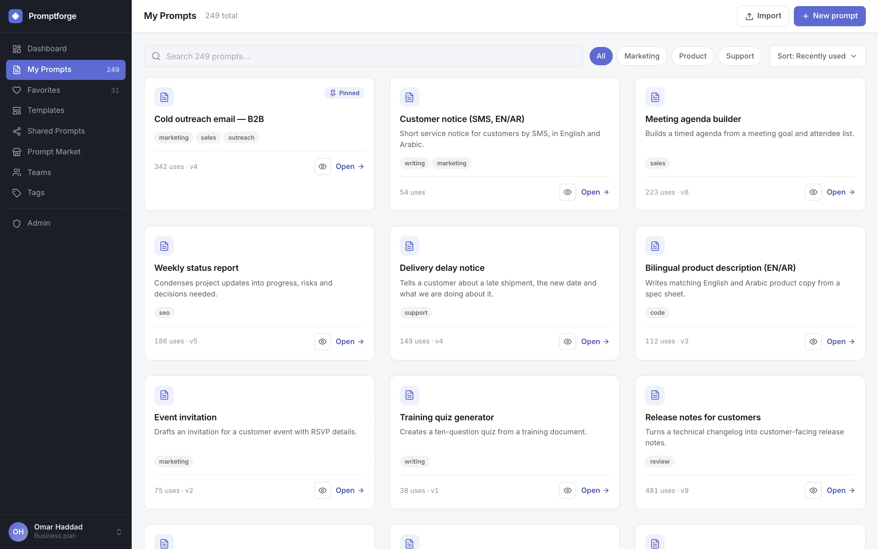 Prompt library cards with tags, uses and version numbers