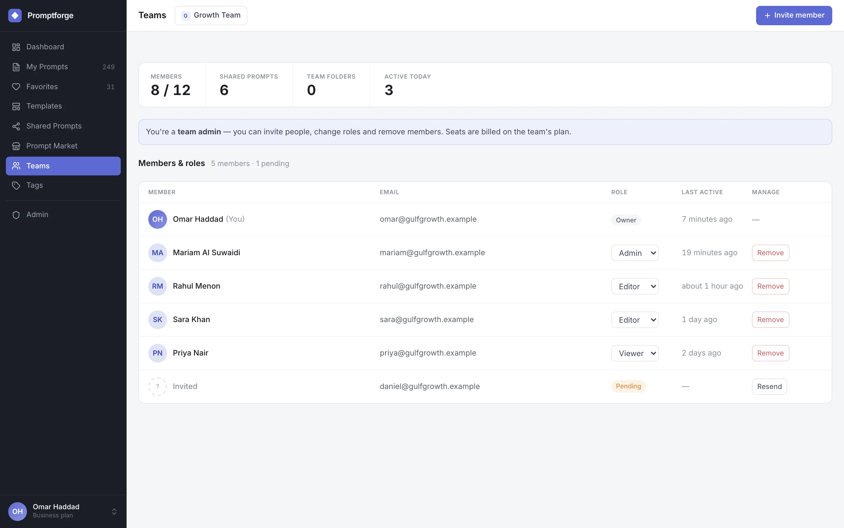 Team members with owner, admin, editor and viewer roles, last active and a pending invitation