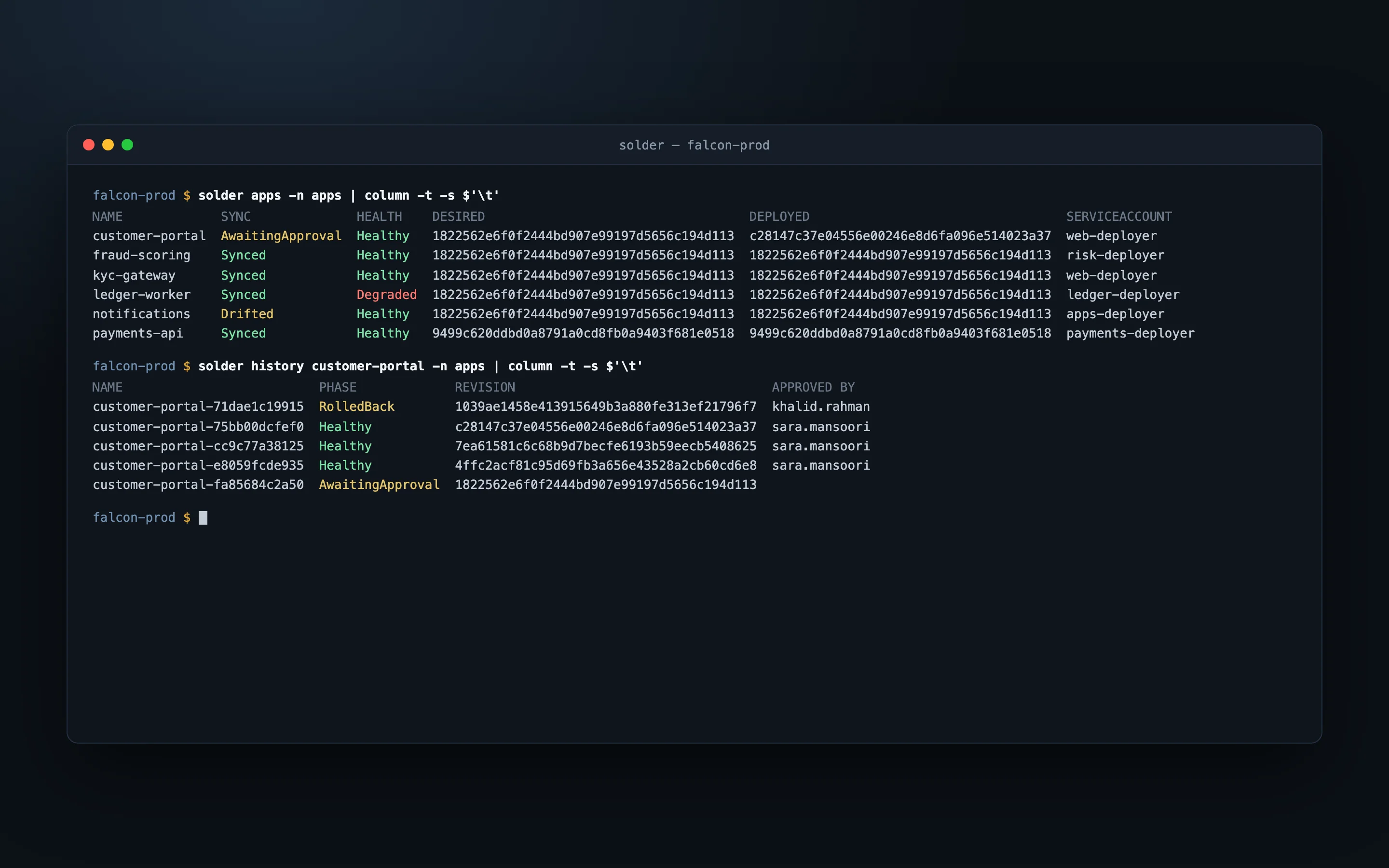 Terminal: solder apps listing applications with sync and health state, desired and deployed commits, then solder history with phases and approvers