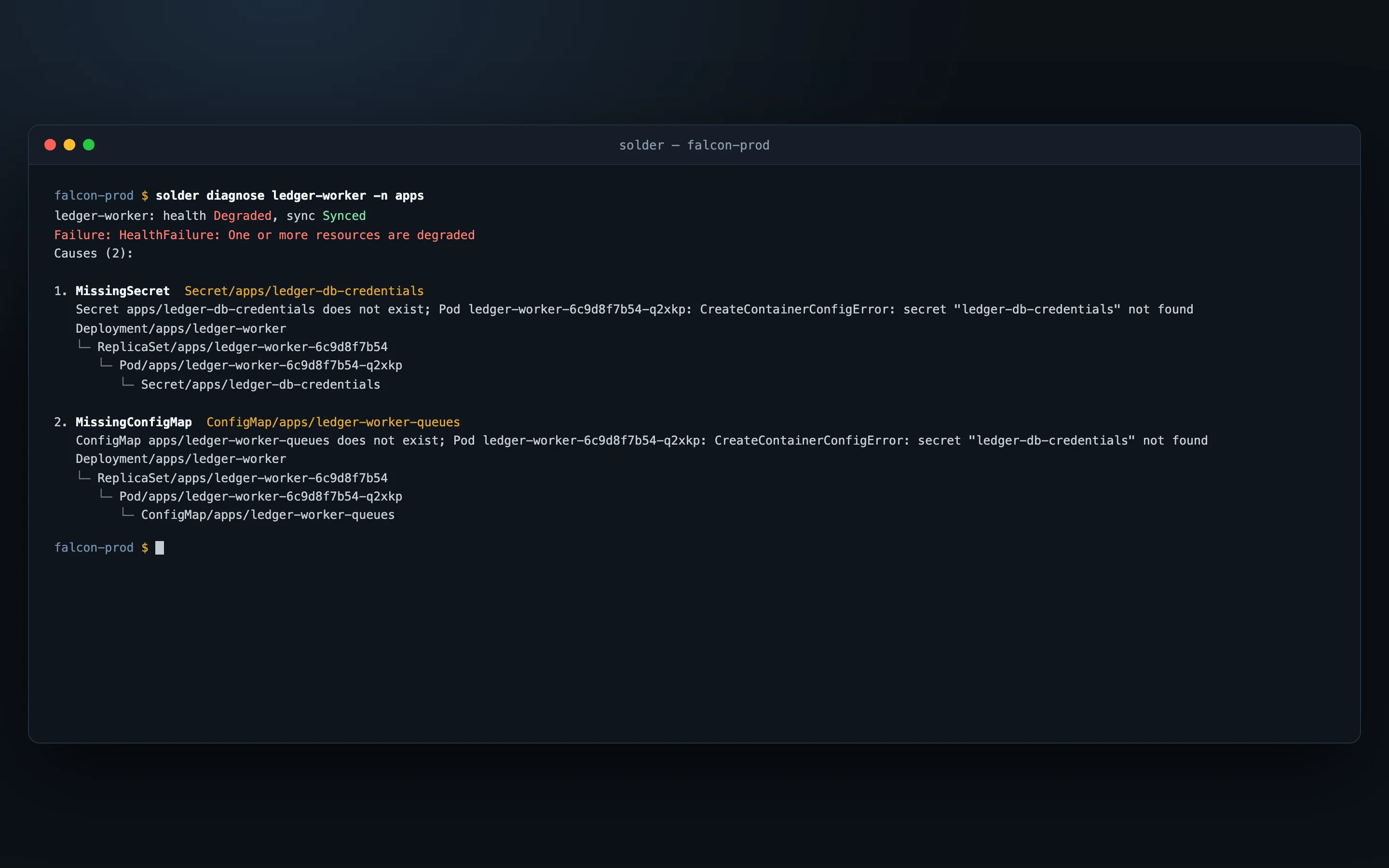 Terminal: solder diagnose tracing a degraded Deployment through ReplicaSet and Pod to a missing Secret and ConfigMap
